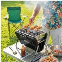 Outsunny Holzkohlegrill mit Griff klappbaren Beinen, Standgrill aus Edelstahl, Kohlegrill, für Barbeque Camping Terrasse Garten 40 x 28 x 25,5 cm Schwarz