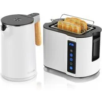 Arendo Frühstücks-Set Edelstahl Wasserkocher 1,5l, 2-Scheiben Kurzschlitz Toaster, weiß (2-tlg), Wasserkocher mit Temperatureinstellung, Toaster Brötchenaufsatz, Touch