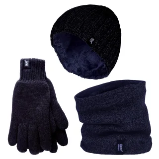 Herren Mütze, Halswärmer & Handschuhe Set | Wärmehalter | Winter gestrickt warme Accessoires Set - Navy