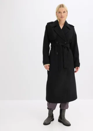 bonprix Trenchcoat in Wolloptik, schwarz, Gr.42, Mantel mit Bindeband und einer Passe vorne