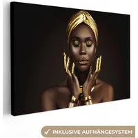 OneMillionCanvasses® Leinwandbild Frau - Abstrakt - Gold - Porträt, Fotodruck (1 St), Leinwand Bilder Klein, Wand Dekoration Aesthetic 30x20 cm