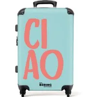 NoBoringSuitcases.com© Hartschalen-Trolley Blau mit rosa Zitat 'ciao' 67 cm - 72 L, 4 Rollen, Hartschalenkoffer Mittel Groß für 20kg, Frauen Reisekoffer Trolley