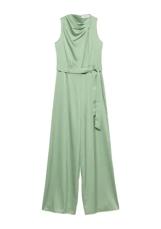 comma - Satin-Jumpsuit mit französischer Schulter und Drapé-Ausschnitt grün - Gr. - 42