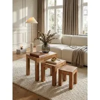 KADIMA DESIGN Satztisch 3er Set MUMBAI Satztisch Massiv-Holz Akazie Wohnzimmer-Tisch, Landhaus-Stil Beistelltisch dunkel-braun Naturholz