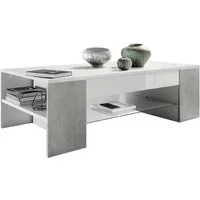 Vladon Couchtisch Clip (Wohnzimmertisch, mit 2 Seitenfächern und 1 Glasplatte), Weiß matt/ Beton Oxid-Optik(118 x 37 x 60 cm)