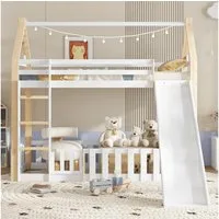 Flieks Etagenbett, Kinderbett Hausbett 90x200cm mit Rutsche, Leiter und Rausfallschutz