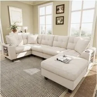 Merax Ecksofa U-förmiges XXL-Modulares Sofa mit USB-Anschlüssen, Chenille-Sofa, ideal für Wohnzimmer 1 Teile, 6-Sitzer-Sofa mit Bücherregal-Armlehnen, Hocker, Becherhalter & Kissen