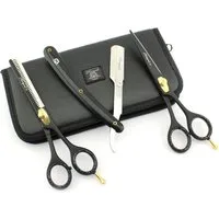 Haryali London Haarschere Professionelles Friseurscheren-Set 15,2 cm – Cut Throat Razors schwarz, (3-teiliges Set, 3-tlg., 1x Schneideschere, 1x Effilierschere, Rasiermesser schneiden, Lederetui), Bestens geeignet für professionelle Friseur- und Kosm