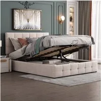Odikalo Stauraumbett Polsterbett anhebbar Kopfteil Metalllattenrost Samt weiß/beige 140x200