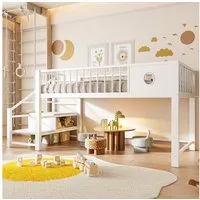 Flieks Kinderbett, Niedriges Hochbett Metallbett 90×200cm mit Aufbewahrungstreppe