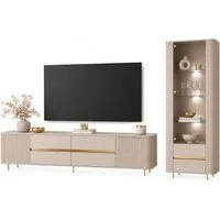 ALLHOUSE24 Wohnzimmer-Set MIRACLE GOLD mit LED Beleuchtung Vitrine, TV-Schrank, Sandbeige, (2-St., Das Set besteht aus: Vitrine, TV Schrank), Breite: Vitrine: 76 cm, TV-Schrank: 240 cm