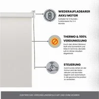 Elektrisches Rollo Verdunklungsrollo mit Zugmotor aufladbarer Motor, Plisseeonline, verdunkelnd, Fensterrahmen Montage ohne Bohren und Wand-, oder Deckenmontage möglich, freihängend, Klemmfix Fenster,- Decken oder Wandmontage, Weiß, Grau