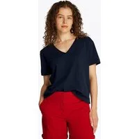 Tommy Hilfiger T-Shirt SLUB CROP V-NK SS mit offener Kante, mit Logostickerei