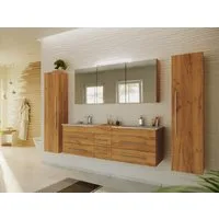 Magnolia Home Waschtisch Badmöbelset Roma XL 4-teilig Spiegelschrank 2x Hochschrank eiche gold