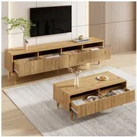 STILVORA Sideboard mit Lowboard&Couchtisch,Möbelset Wohnzimmerset mit LED&Acrylfront (TV-Schrank+Wohnzimmertisch, 2 St., Couchtisch 110x50x40cm + TV-Ständer 178x35x45cm), Wellenstruktur und Acrylfronten, Gold-Design