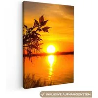 OneMillionCanvasses® Leinwandbild Sonnenuntergang - Wasser - Pflanzen - Orange, Fotodruck (1 St), Leinwand Canvas Wandbild, Wanddekoration 20x30 cm