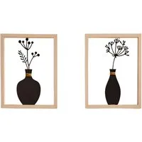 Dekoleidenschaft Wanddekoobjekt "Vase" Metall Wanddeko schwarz mit Holz Rahmen, Metallbild, Wandbilder (2 St., im Set), Wandobjekt für Wohnzimmer, Flur, Büro, Wandschmuck