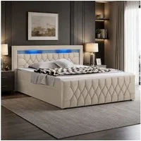 Juskys Polsterbett Leona, 140x200 cm, Boxspringbett-Optik, Samt-Bezug, LED-Licht, H4 Matratze