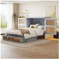 Merax Schrankbett (1-St) Holzbett Klappbett 140x200cm mit Schubladen Schranktüren Rattanfront