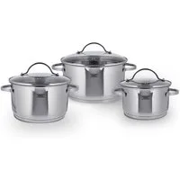 KHG Topf-Set mit Glasdeckeln, für alle Herdarten inklusive Induktion, Edelstahl (Topf-Set, 6-tlg), Sieb & Dampfloch im Deckel, Ausgusslippe im Topfrand, Innenskala