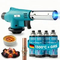 TOM Flambierbrenner Set optional mit 4x 224g Gaskartuschen, (5-tlg), 1300°C, Piezozündung, MSF-1A