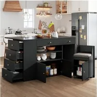 Flieks Kücheninsel mit Barhockern, erweiterbarer Arbeitsplatte, 6 Schubladen und 2 Türen, (Hocker mit Rollen, Kissen und Fächern), Küchenschrank Buffetschrank Mehrzweckschrank mit beweglichem Stuhl