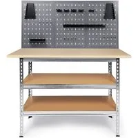 ONDIS24 Werkstatt-Set Werkbank 120x60cm mit 25mm Melaminarbeitsplatte, 2 Ablageflächen, 151cm Höhe, Set mit 3 Lochwänden & 22 Haken für Handwerker
