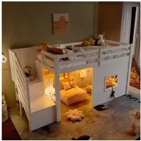 Flieks Hochbett Fenster-Form Kinderbett Holzbett 90x200cm mit LED und Stauraumtreppe