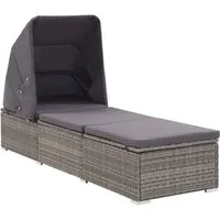 vidaXL Gartenliege Sonnenliege mit Sonnenschutz und Auflagen Poly Rattan Grau, 1 St.