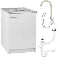 STAMAR Spülenschrank Komplettset 60cm Weiß Spüle Edelstahl Armatur Deante Beige Siphon Unterschrank stehend 1 Tür 60x60cm Flexarmatur elastisch Bohrung Set