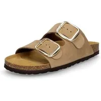 MIDS MIRI Damen Pantolette beige, Zweiriemer mit ergonomischem Lederfußbett & großer Schnalle