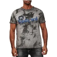 R-NEAL T-Shirt Herren T-Shirt Verwaschen mit Seitlicher Knopfleiste und Front Prints