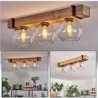 hofstein Deckenleuchte Deckenlampe aus Metall/Holz/Glas in Schwarz/Natur/Klar, ohne Leuchtmittel, im Holzbalken 60cm u. Glaskugeln Ø15cm, 3x E27, ohne Leuchtmittel