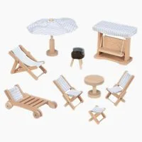 goki Puppenhausmöbel Puppengartenmöbel Weiß (packung, 9tlg., 9-teiligen Set), mit Grill, über Liegestühle und Sonnenschirm