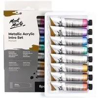Mont Marte Acrylfarbe Set Metallic 8 × 18 ml Tuben – edle Metalltöne mit schimmerndem Effekt, Wasserbasiert & ideal für Leinwand, Karton, Papier, Ton, Holz, Stein