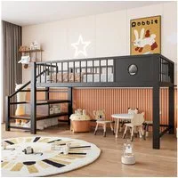 Flieks Kinderbett, Niedriges Hochbett Metallbett 90×200cm mit Aufbewahrungstreppe