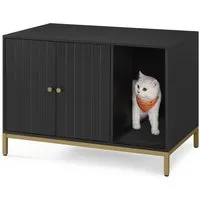 FEANDREA Katzentoilette Katzenklo-Schrank, Katzenhaus, Beistelltisch, 80 x 50 x 55 cm, mit Kratzmatte, hohe Beine, für Katzen, schwarz-goldfarben