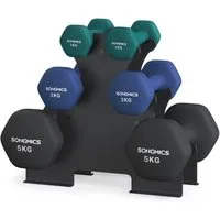 SONGMICS Kurzhantel Set, Hexagon, 2 x 1 kg, 2 x 3 kg, 2 x 5 kg, Krafttraining, zu Hause, (mit Hantelständer), mattes, Neopren-Beschichtung, aquamarinblau, hafenblau, tintenschwarz