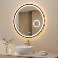 AQUALAVOS Badspiegel LED Runder Schminkspiegel Φ80cm mit Beleuchtung Dimmbar Wandspiegel, Lichtspiegel mit Digitaluhr, 3-fache Vergrößerung, Antibeschlag