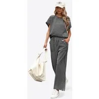 Imily Bela Hausanzug Damen 2-teiliges Set Gestreift Lounge Casual (Set, 2 tlg., 2er-Pack, Kurzarm T-Shirt+Hose mit Eingrifftaschen) Rundhals Fledermausärmel