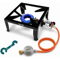 BlueCraft Gaskocher Hockerkocher 10,5 kW Gas mit Zündsicherung Piezozündung für Gasflasche, (mit Schlauch 150 cm und Gas Regler Druckminderer), 4 Bein Profi Gasbrenner Gusseisen für Camping Räucheröfen Wok Kocher