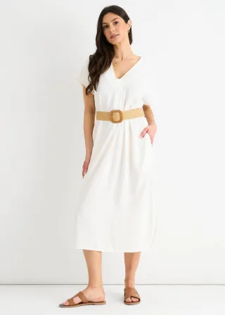 Weißes Air Flow Kleid mit Gürtel und Übergröße