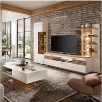 Lomadox Wohnzimmer-Set FALLON-55, (Mega-Spar-Set, 4-St., 4-tlg), weiß mit Eiche, inkl. Couchtisch und Beleuchtung