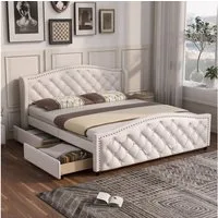 KLAM HOME Polsterbett Bett mit Lattenrost 2 Schubladen Kopfteil mit Zugpunktnieten, Holz & Kunstleder Jugendbett Gästebett 140/160/180 x 200 cm