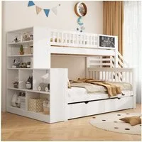 Flieks Etagenbett, Kinderbett 90x200cm+140x200cm mit Tafel, 2 Schubladen, Stauraumtreppe