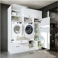Roomart Waschmaschinenumbauschrank Schrankwand 254 cm, 230 cm hoch, Hochschrank, Waschküche, 3 Farben (Waschmaschinenschrank Trocknerschrank mit Schrankaufsätzen Waschturm) Seitlicher Hochschrank, Wandbefestigung, 130kg Belastbarkeit
