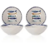 WestCraft Speiseteller Schüssel, mediterran mit Sardinen-Motiv, Maritime Bowl, Schale 16 cm, (4 St), 4er Set, hochwertig und robust - langlebig und vielseitig einsetzbar