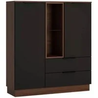 Feldmann-Wohnen Highboard Alicante (2 Türen, 2 Schubladen, 1 offenes Fach, 1 St., moderne Optik, holzfarbene Akzente, Griffstücke), 120x38x136cm walnussfarben / schwarzgrau