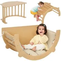 AIYAPLAY Klettergerüst 3 in 1 Set, mit Tischplatte Kissen, (Kletterspielzeug, 1-St., Kletterbogen zum Rutschen und Klettern), aus Holz, für Kinder 1.5-4 Jahre, Indoor, Naturholz