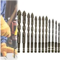 QUBEBU Bohrersatz 12Stk 3-12 mm Exzenterbohrer Set vierschneidiger Sägezahn-Bohrer, (Exzentrischer Bohrer, Vierschneidiger Gezackter, 1/4 Sechskantschaft, 12-tlg., Holzbohrer Spiralbohrer Bohrersatz (12-tlg), Sechskantschaft), für Porzellan, Keramik,